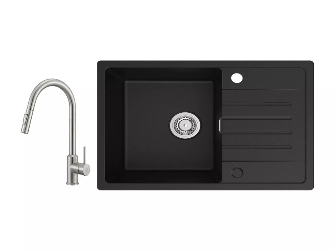 Cecipa max Evier 1 Bac 78x45cm avec Egouttoir Evier à encastrer Quartz et résine Noir + Mitigeur avec Douchette Extractible - 2 Modes de Sortie D'eau