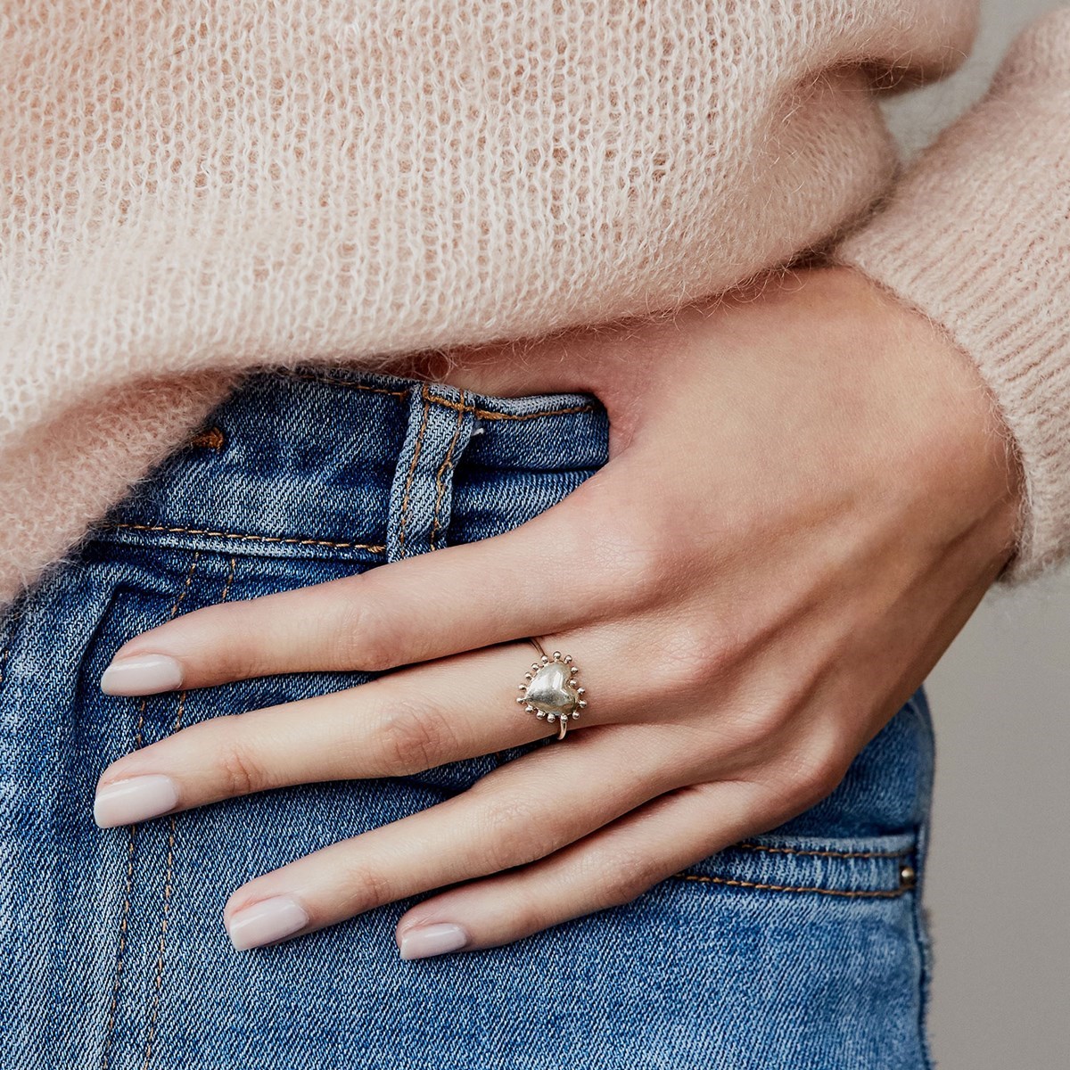 Bague coeur perlé en argent
