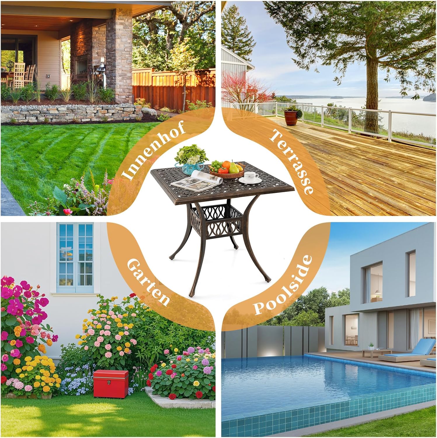 COSTWAY Gartentisch mit Schirmloch, 80x80x75cm, quadratischer Balkontisch aus Aluminiumguss, wetterfester Terrassentisch für 4 Personen, Outdoor-Esstisch für Garten