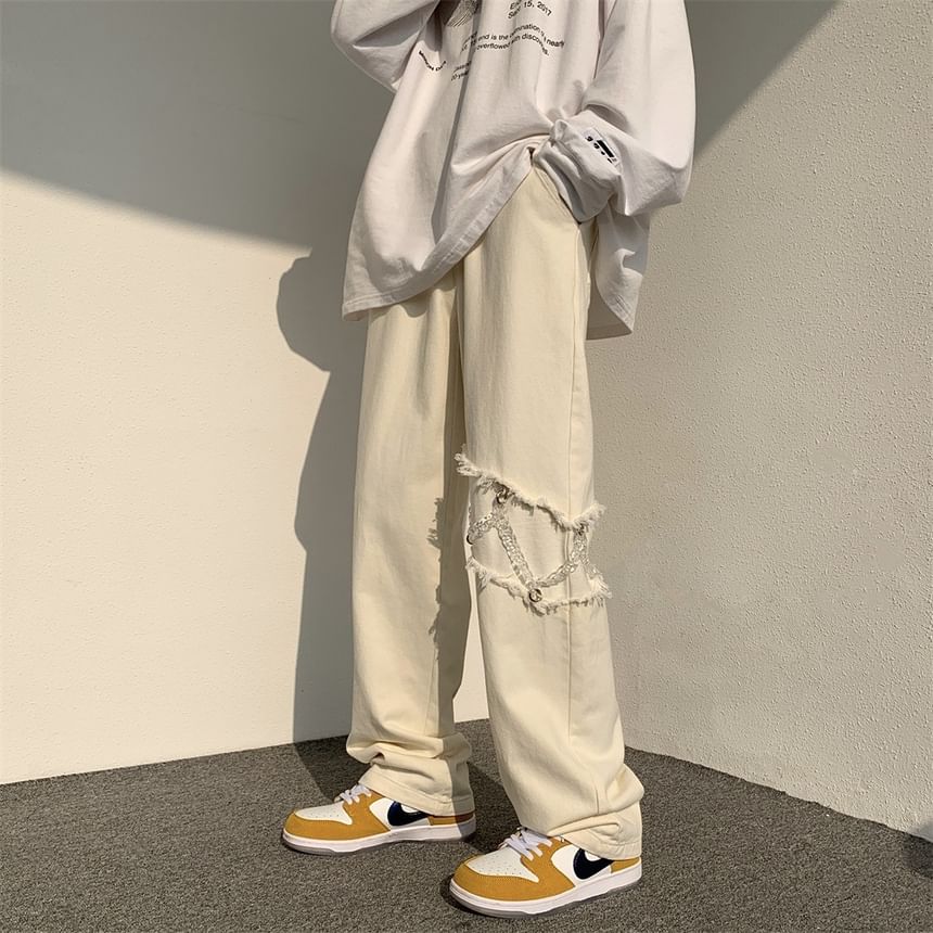 Urtishia - Hoge taille, gerafelde rechte broek