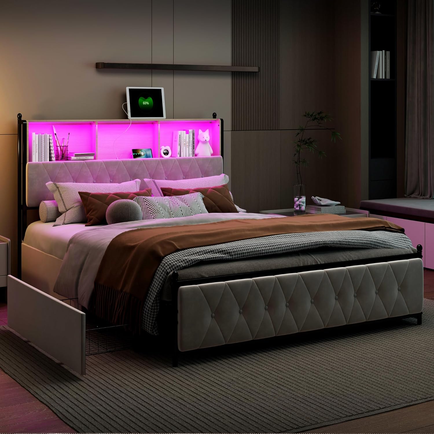 Bett mit Schublade, 180 x 200 cm, Doppelbett, gepolstert, mit 4 Schubladen, Bett, Truhe mit LED und USB-Aufladung, Bettgestell mit Kopfteil für Erwachsene Jugendliche, Samt, Beige