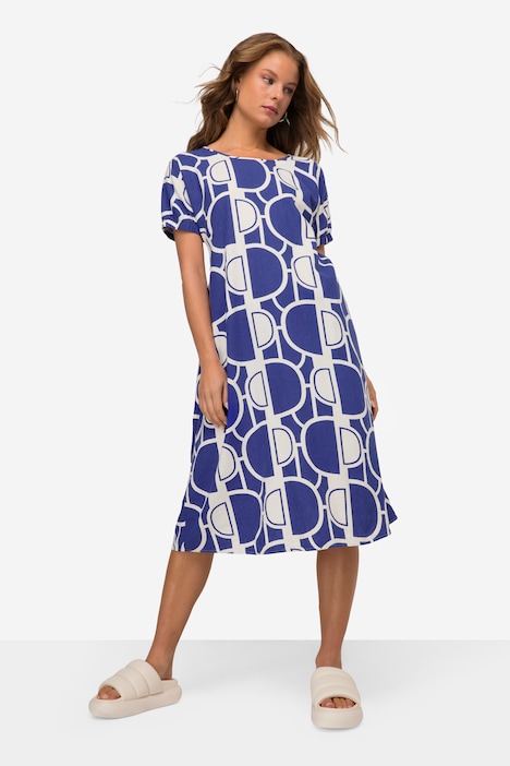 Leinenmix-Kleid, Wide Fit, elastischer Halbarm-Abschluss, Rundhals