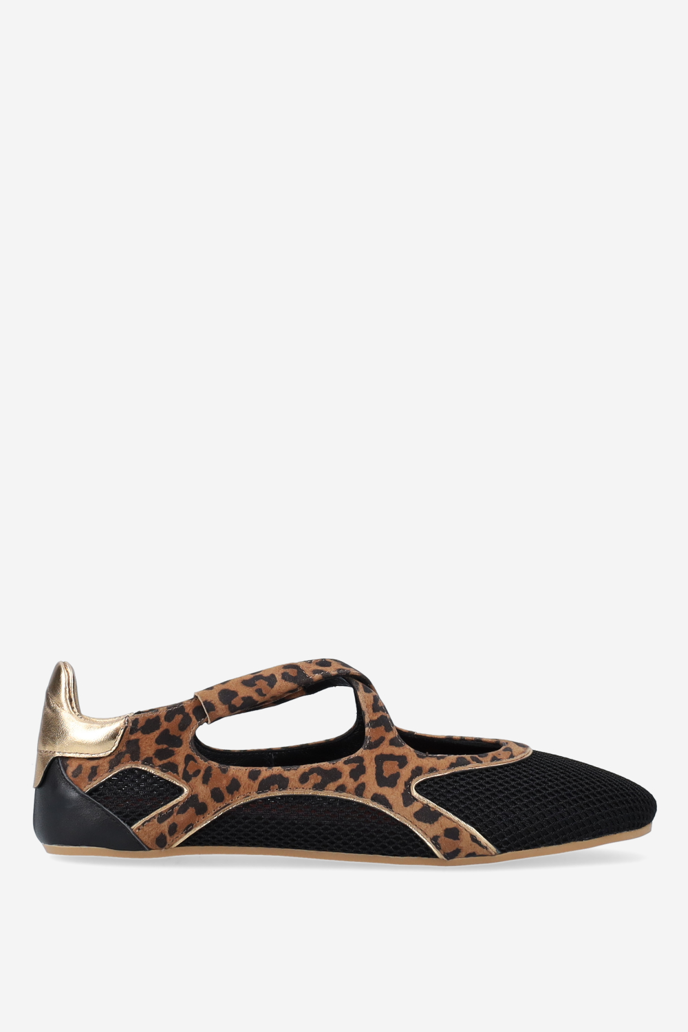 Cross-over printed leather/mesh ballerinas