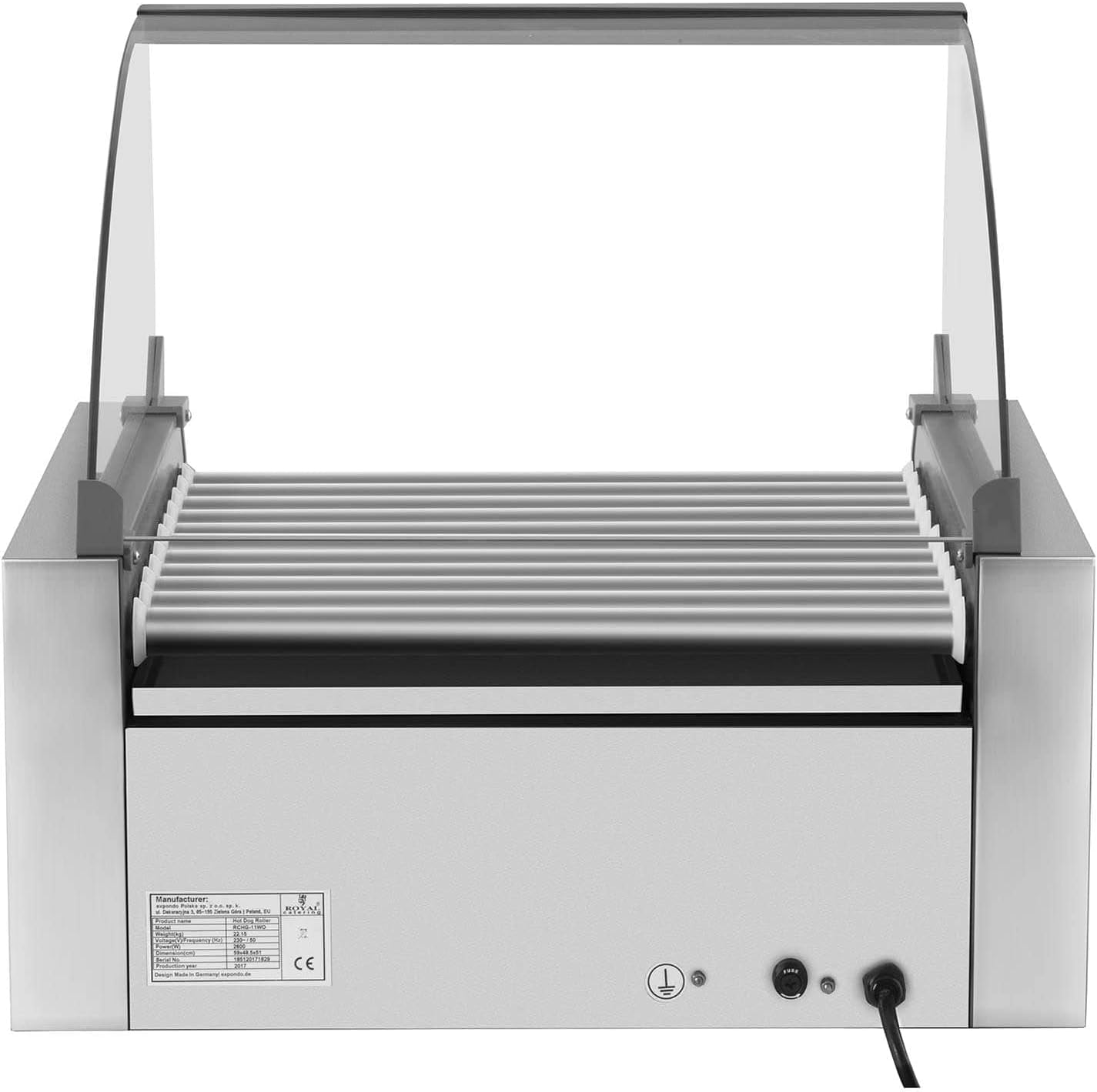 Royal Catering - Hot Dog Grill Hot Dog Maschine (11 Rollen, Edelstahl, 2.150 W, 2 Heizzonen, herausnehmbare Fettauffangschublade, Wärmeschublade, 20 Würstchen, mit Hartglasabdeckung)