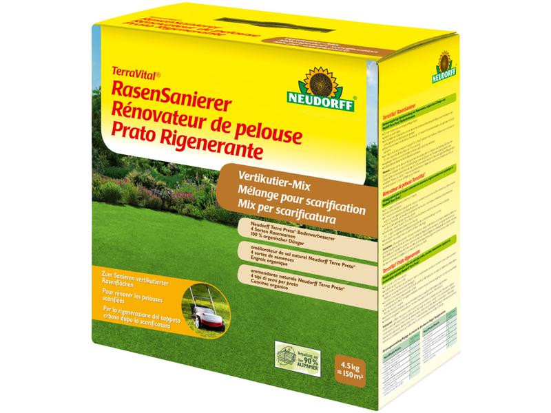 Neudorff Rasensamen TerraVital RasenSanierer, 4.5 kg RasenSanierer mit 4 verschiedene schnellkeimende Top-Rasensorten, die zu jedem Rasen passen