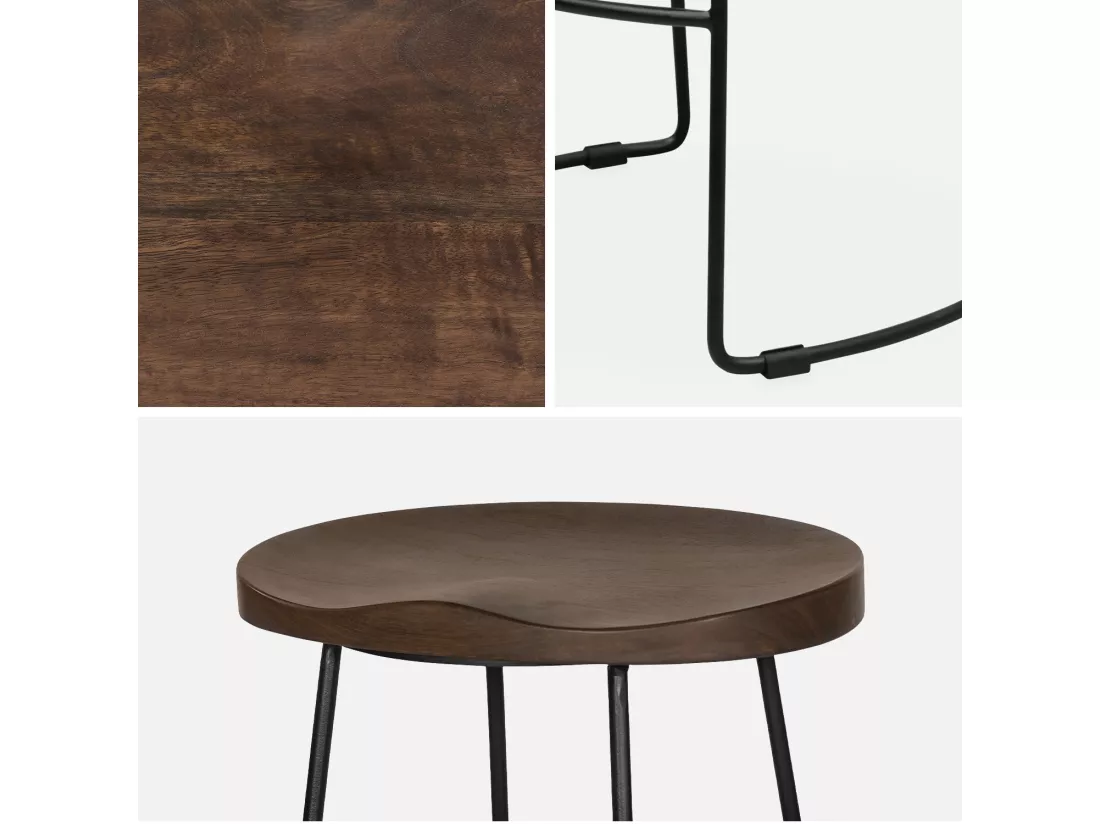 Lot de 4 tabourets de bars bois de manguier teinté noyer et acier. avec repose pieds. 65cm
