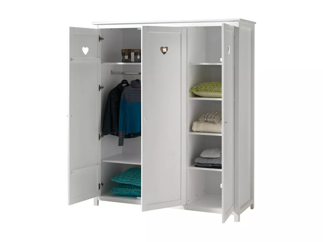 MILADY - Armoire 3 Portes Blanche Motifs Coeurs Ajourés