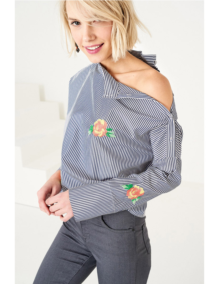 Open Shoulder Striped Blue Shirt