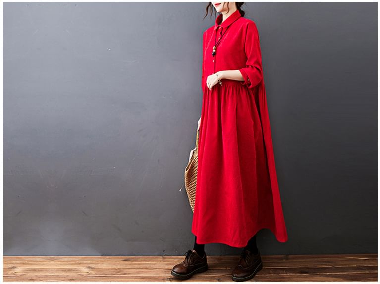 Lucuna - Lange mouwen, kraag, effen corduroy midi-lijn jurk