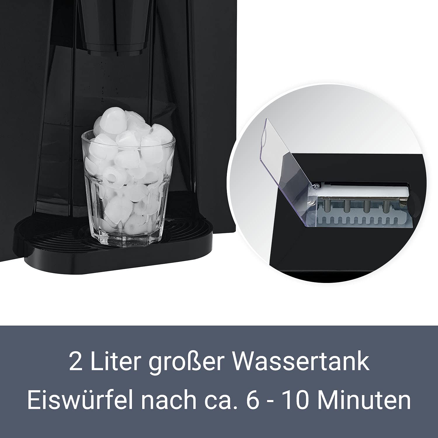 Juskys® Eiswürfelmaschine PIM200L mit 2in1 Direkt-Spender & Timer — bis 12kg / Tag, Eiswürfel in 6-10 Minuten, 2 Größen, 2L Tank — Eiswürfelbereiter schwarz
