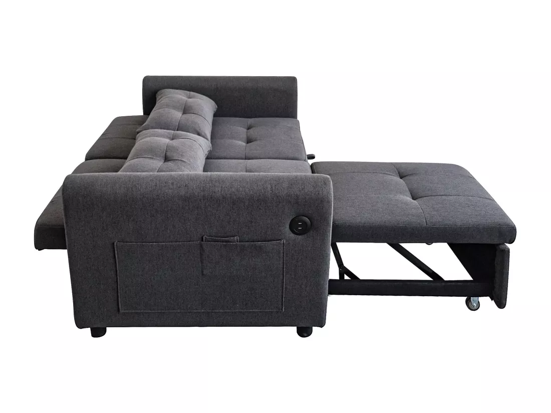 Canapé 3 en 1 - Canapé 2 places - Dossier réglable - Avec port USB - Poches d'accoudoirs + Coussins - Gris