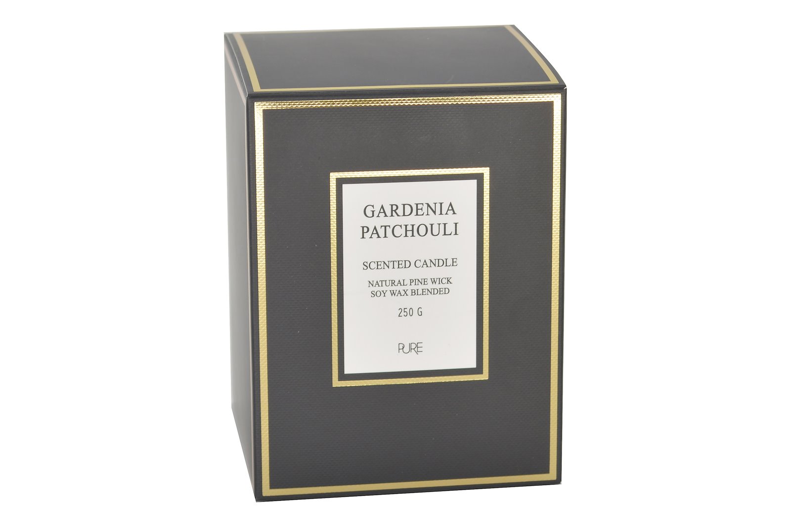Gardenia Patchouli duftlys Shiny med sort boks Ø:8 H:10,5 cm, med veke i tre.