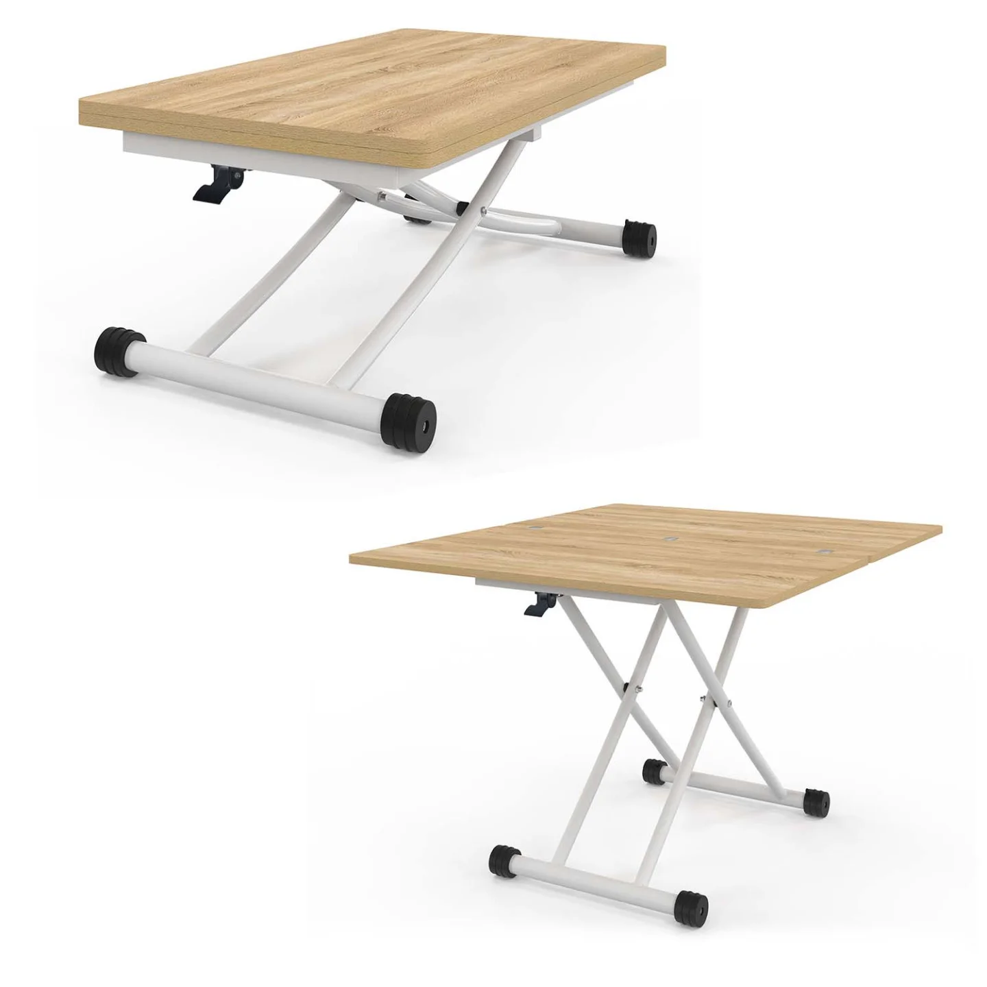 Table basse 2-en-1 relevable en table à manger 6-8 personnes plateau portefeuille URBANA plateau façon hêtre pied blanc