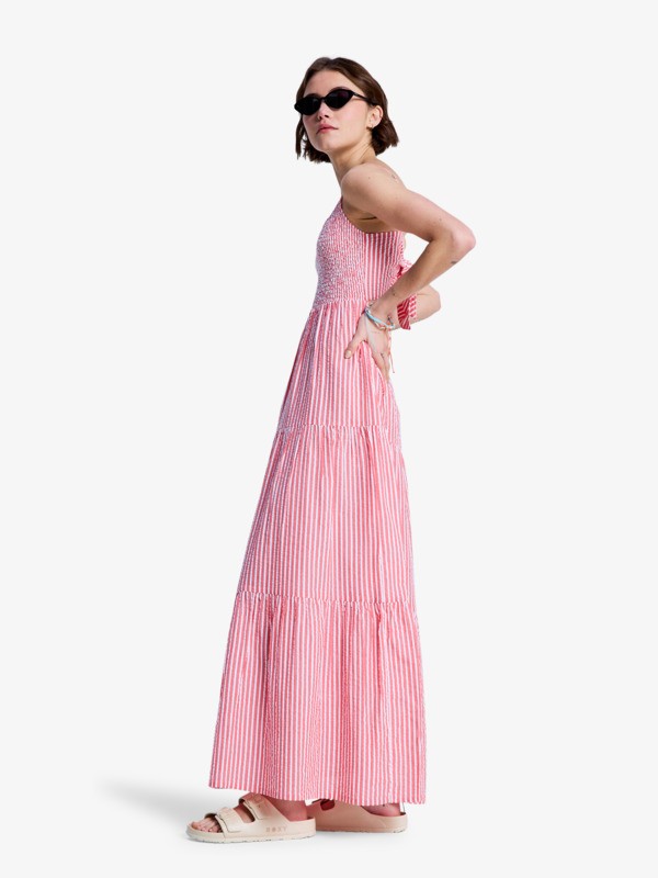 Tropical Glow Maxi Stripe Robe en seersucker de coton Rouge Femme