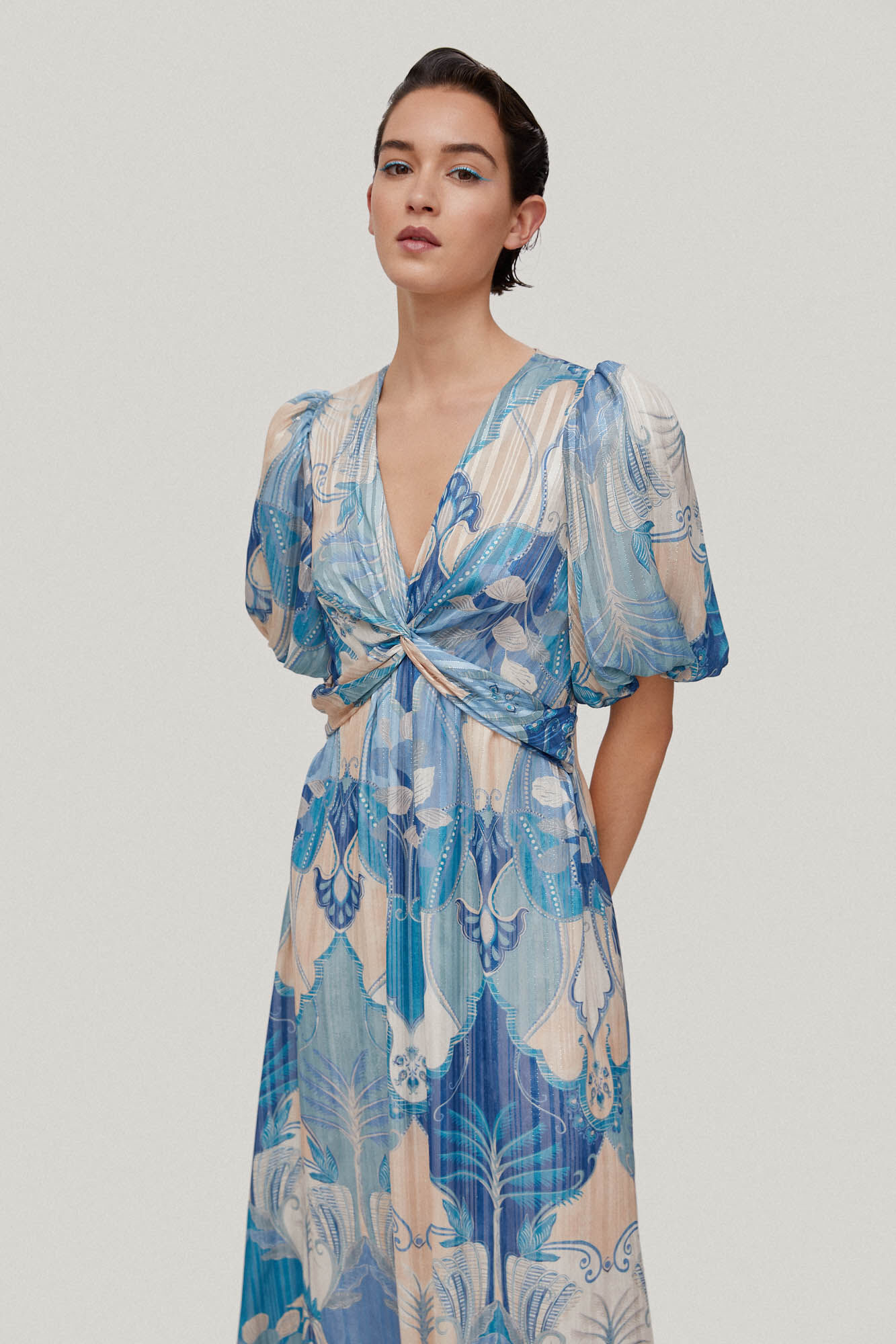 Vestido longo Sandra com estampa de palmeiras - Azul