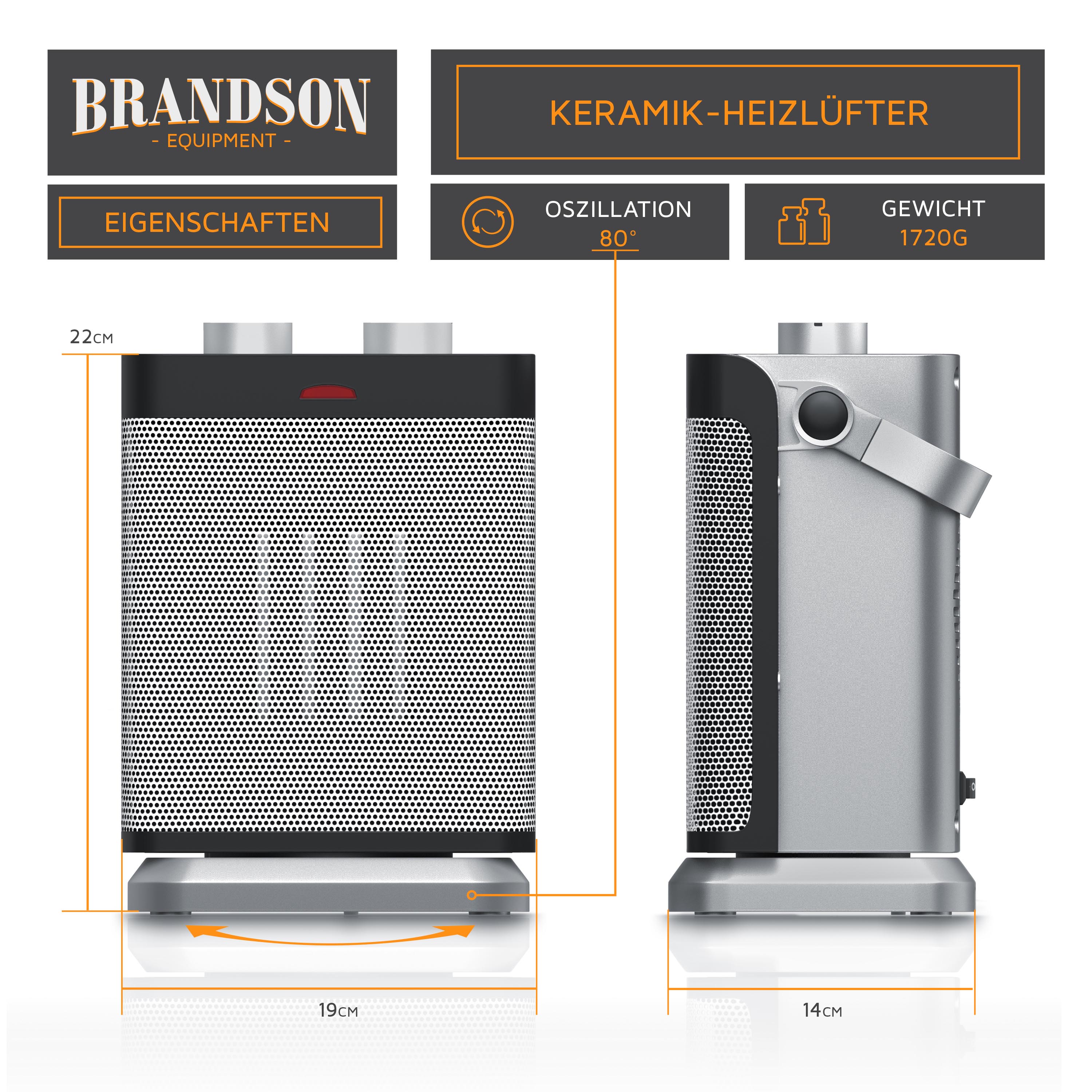 Brandson Heizlüfter, Keramikheizlüfter 1800W, 2 Leistungsstufen, Thermostat, Oszillation 80°, Überhitzungsschutz, Automatische Abschaltung