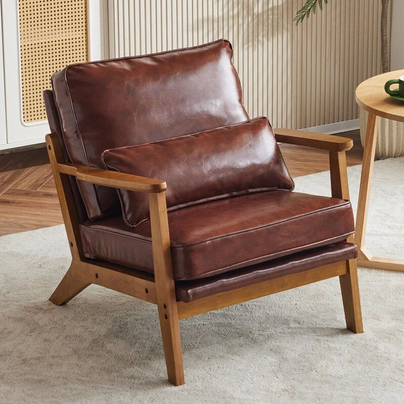 Upholstered Linen Blend Accent Chair with Wooden Legs and One Pillow Beige
