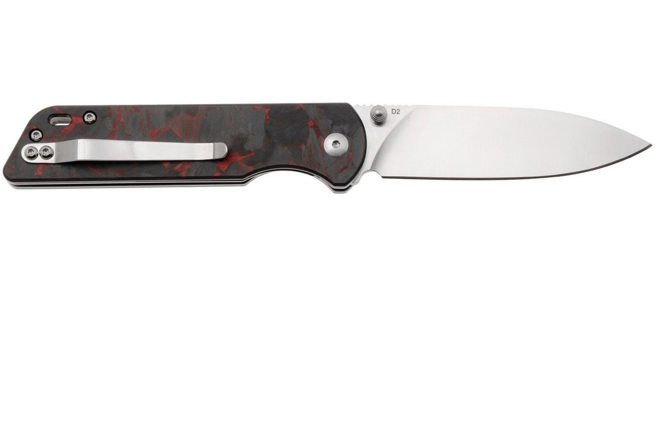 QSP Knife Parrot V2 QS102-I Satin D2, G10 Shredded Carbon Overlay, zakmes