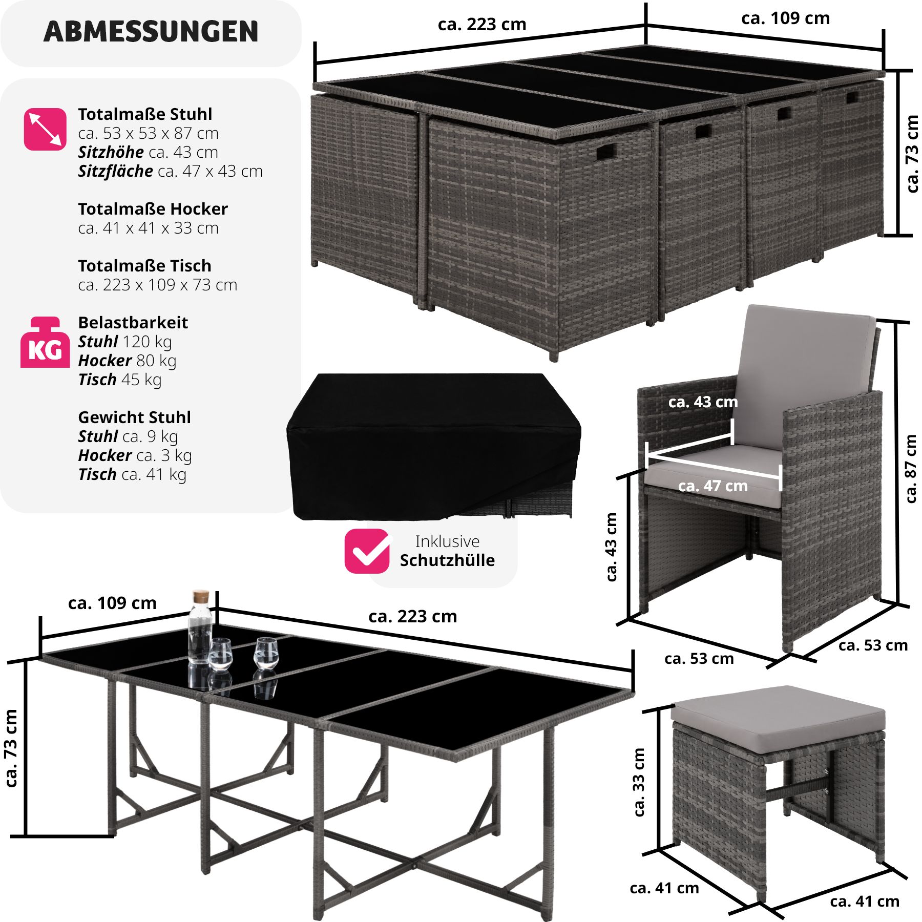 tectake® Rattan Sitzgruppe, für 8 bis 12 Personen, UV-beständig, zusammenschiebbar, inklusive Schutzhülle