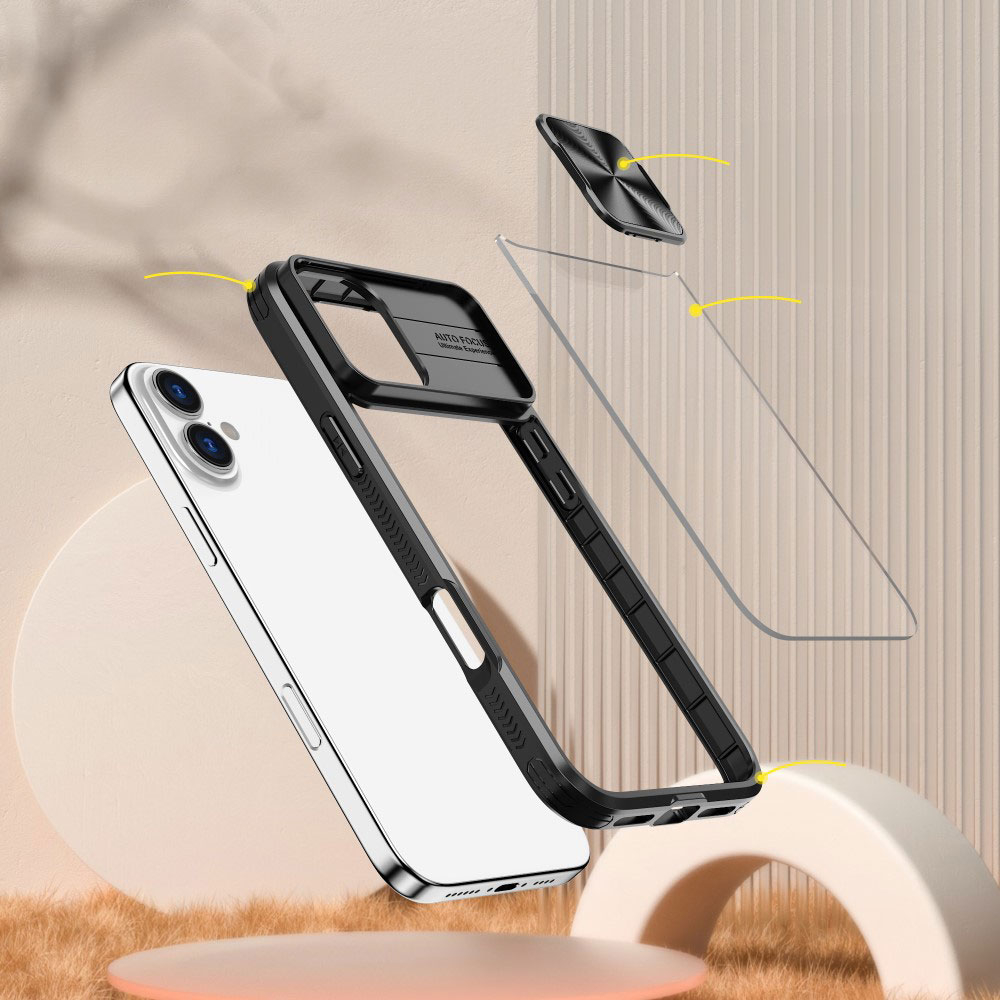 iPhone 16 Hybrid Hülle mit Acryl Rückseite   TPU Bumper   Cam-Slider - Grau / Transparent