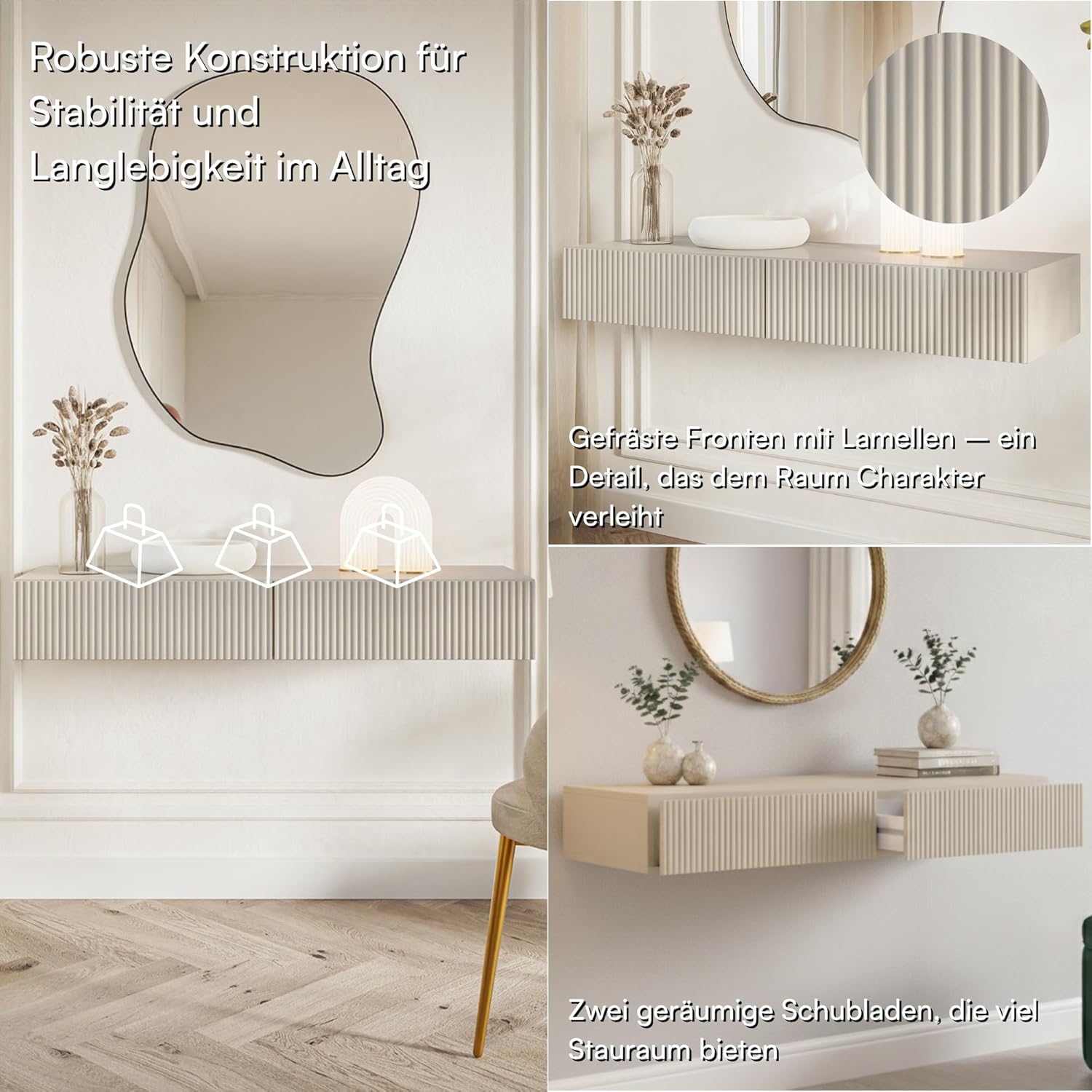 Selsey Schminktisch Makeup Tisch Frisiertisch Hängend Kosmetiktisch 110 cm Mit 2 Schubladen Veldio Graubeige