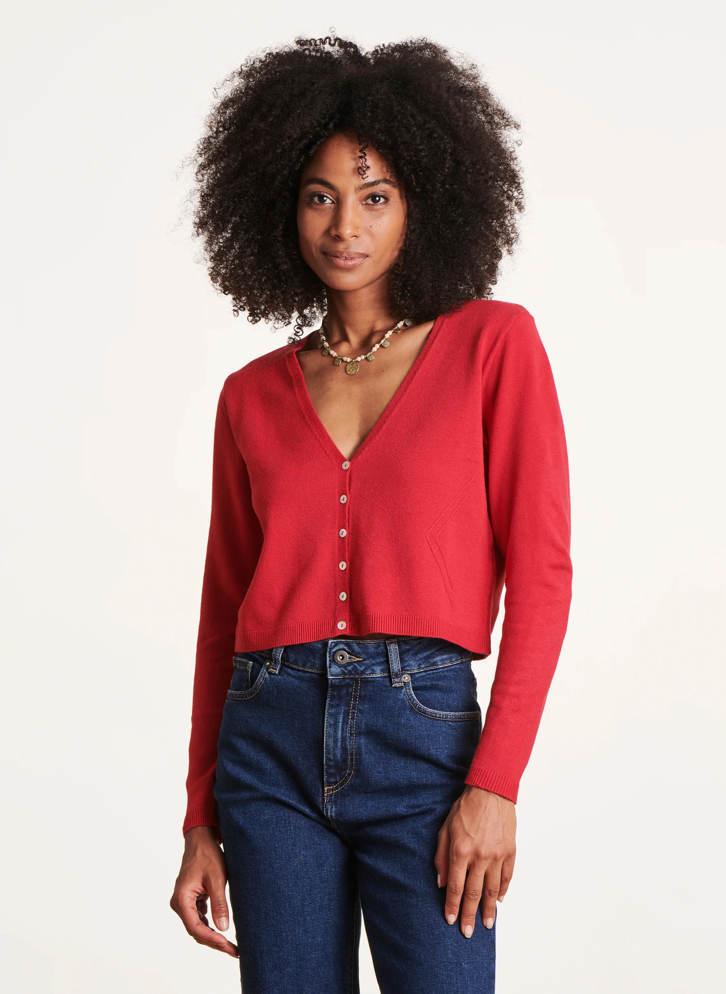 Gilet court col V| Rouge