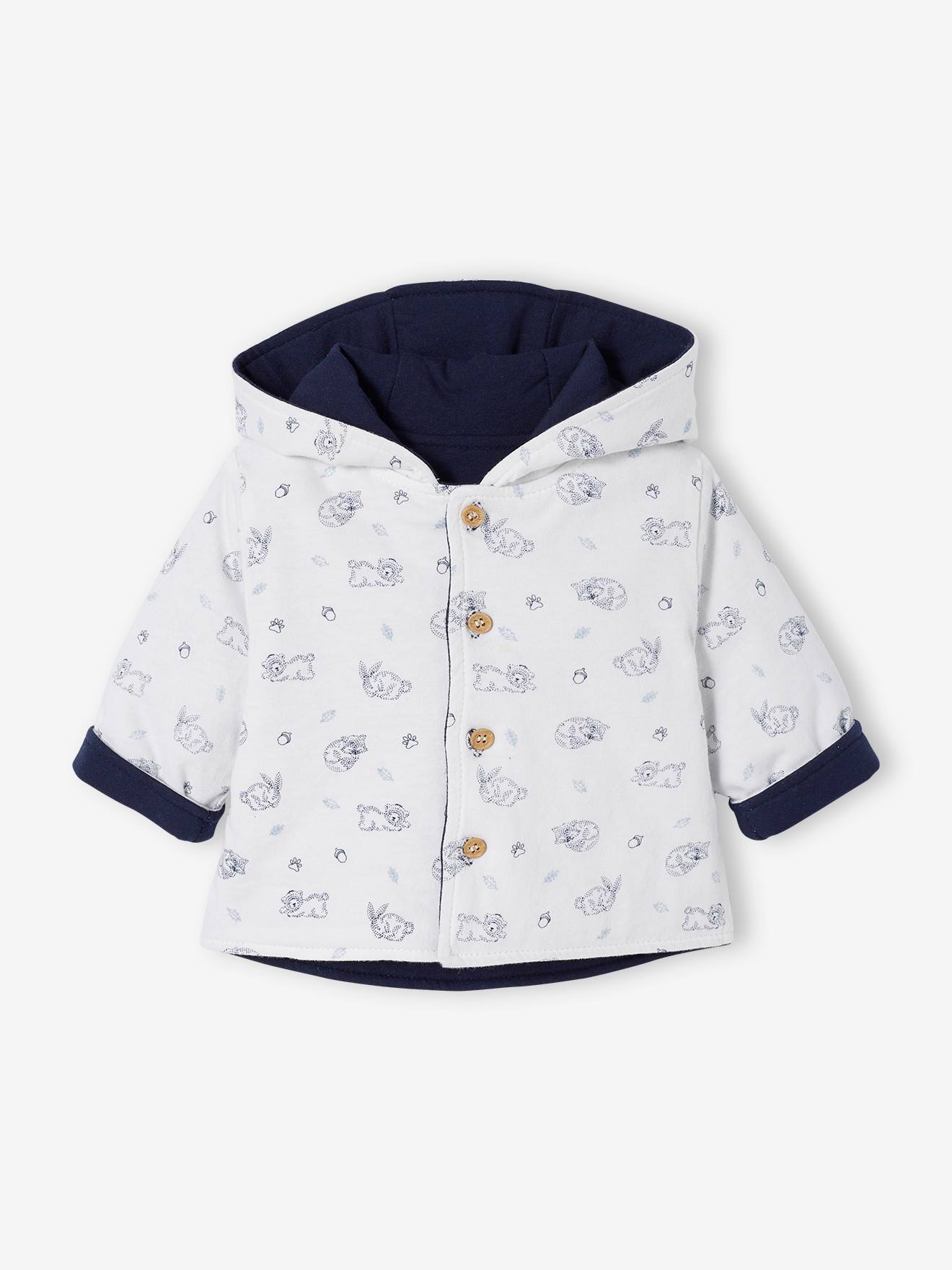 Jaqueta reversível com capuz para bebê, branca lisa com estampas.
