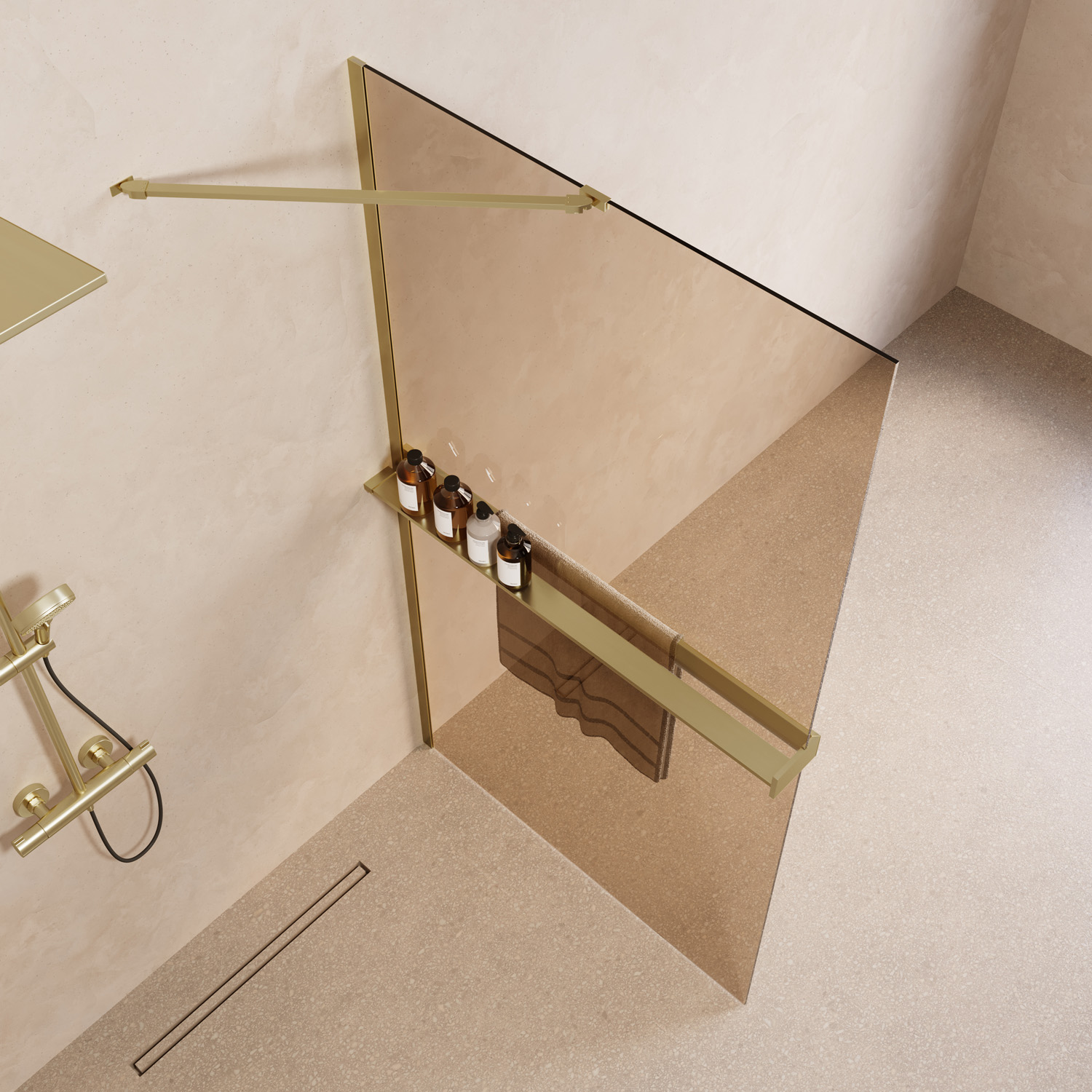 Saniclear Oblique inloopdouche 100cm met handdoekhouder en bronsglas geborsteld messing - mat goud