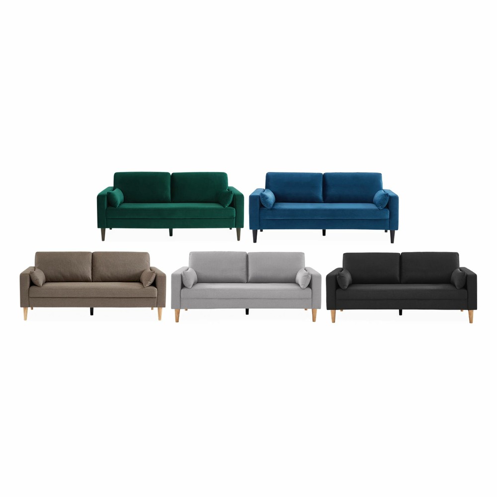 Canapé en velours bleu - bjorn - canapé 3 places fixe droit pieds bois. Style scandinave