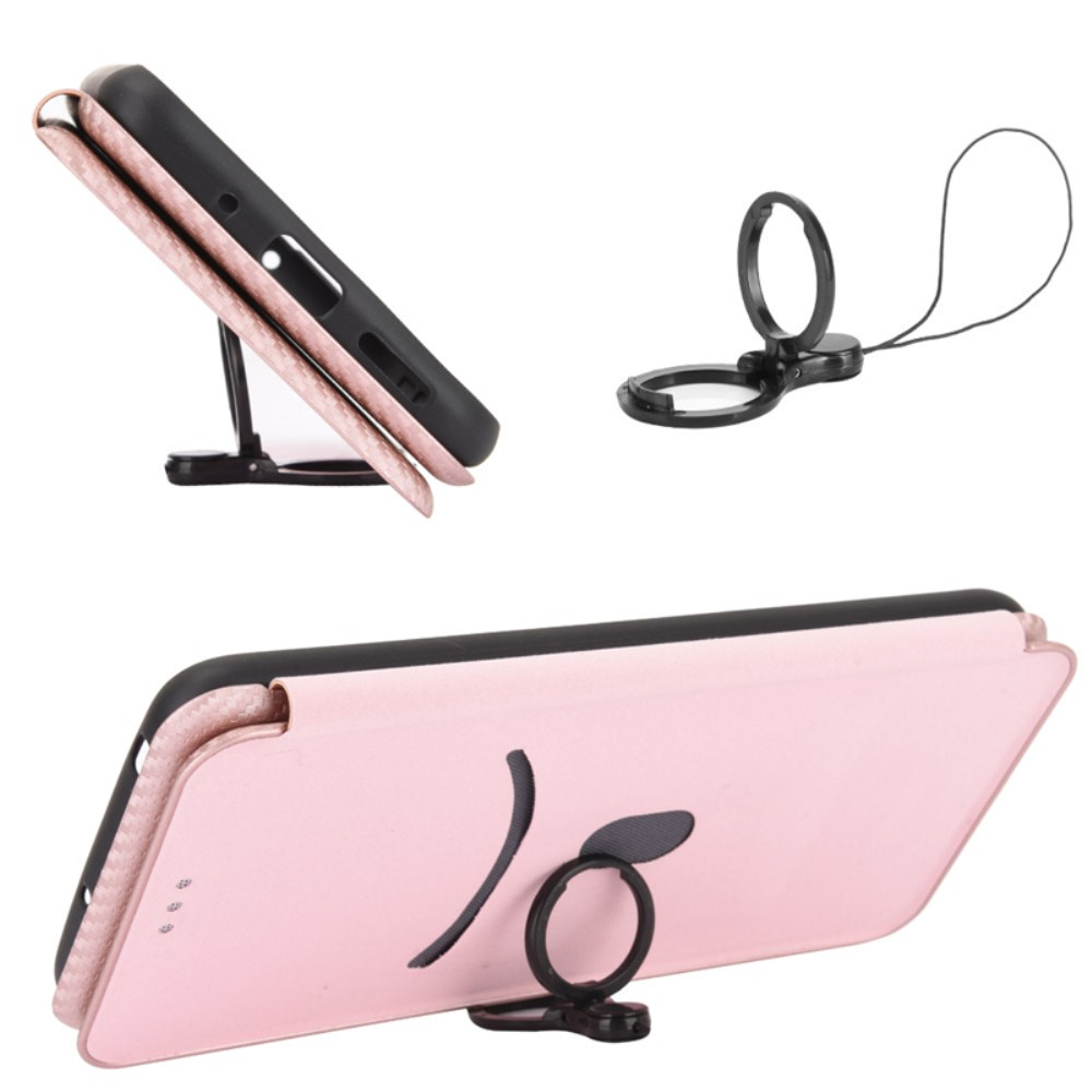 iPhone 14 Pro Leder Tasche Flip Cover Carbon Look - Roségold