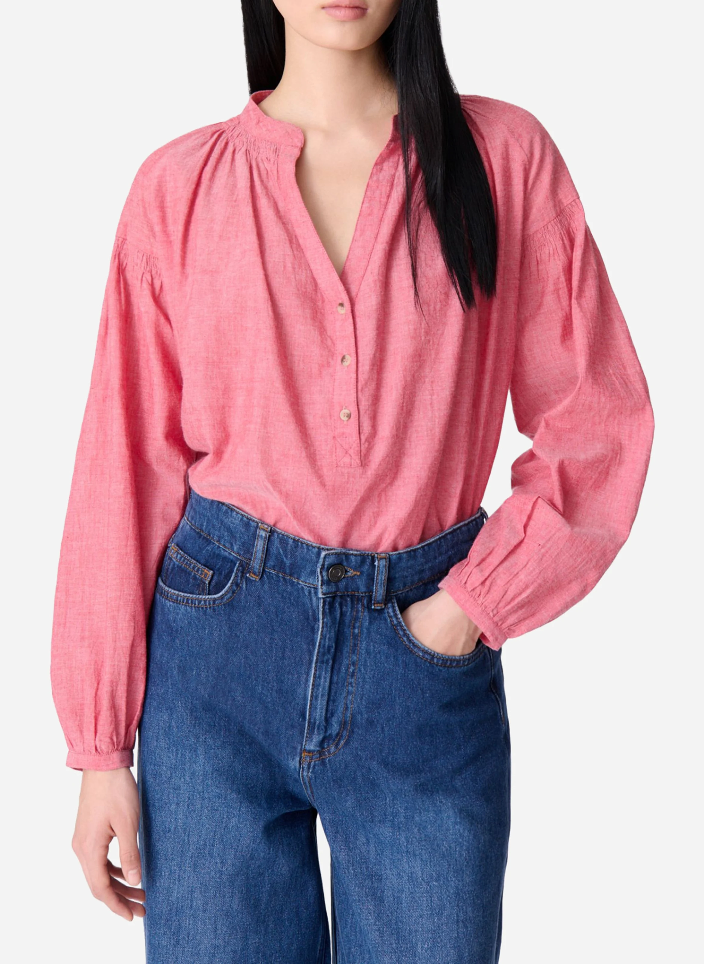 NIPOA - Blouse droite col rond en coton | Rose