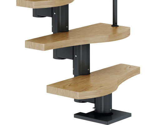 Pertura Vaia ruimtebesparende trap, middenboom, antraciet, variabel, kwartslag, links/rechts onder, recht, 64 cm, balustrade, eiken gelamineerd hout, gelakt, 11 treden / 12 stootborden