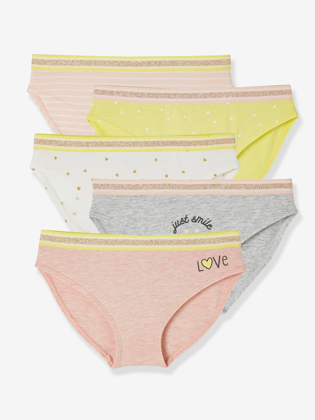 Pacote com 5 calcinhas listradas rosa claro para meninas.