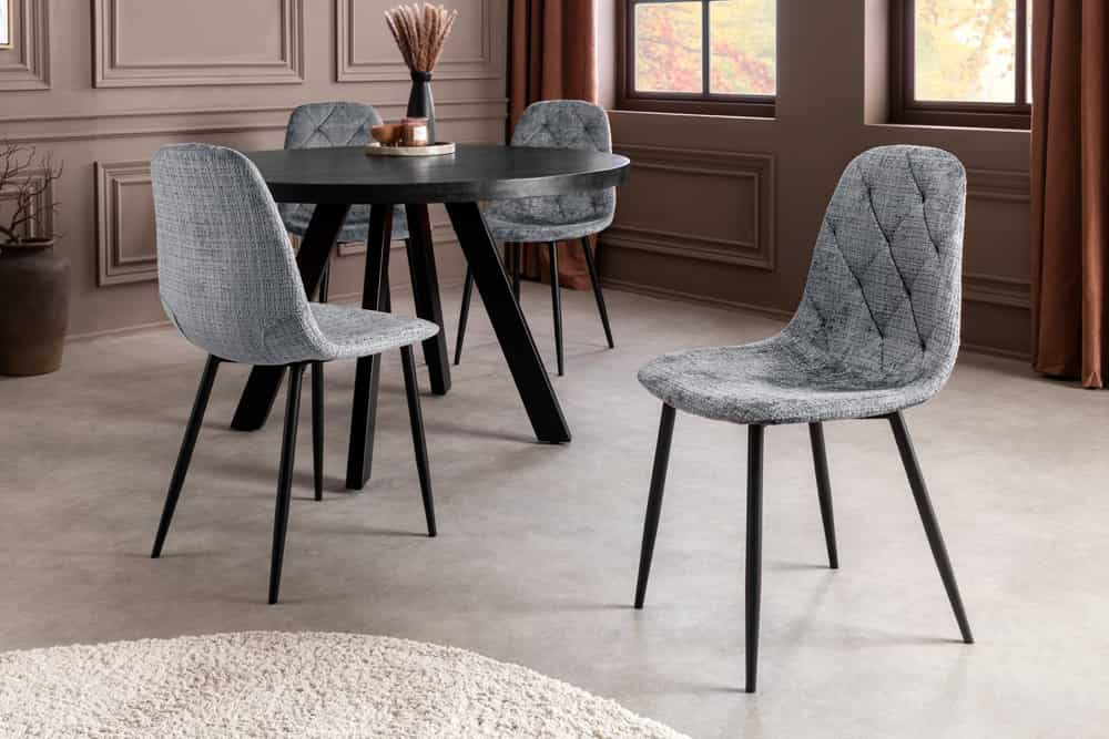 Stilvoller Stuhl GLAMM grau Chenille Cremona mit Rauten-Steppung schwarze Metallbeine