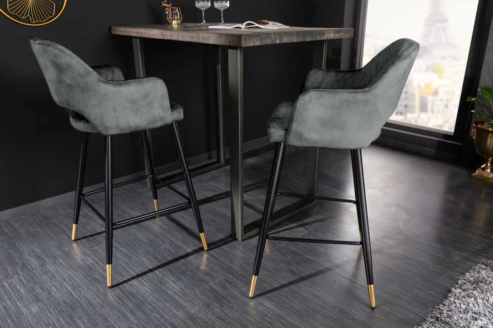 Design Barhocker PARIS grün Samt mit Lehne Metall schwarz gold Ziersteppung