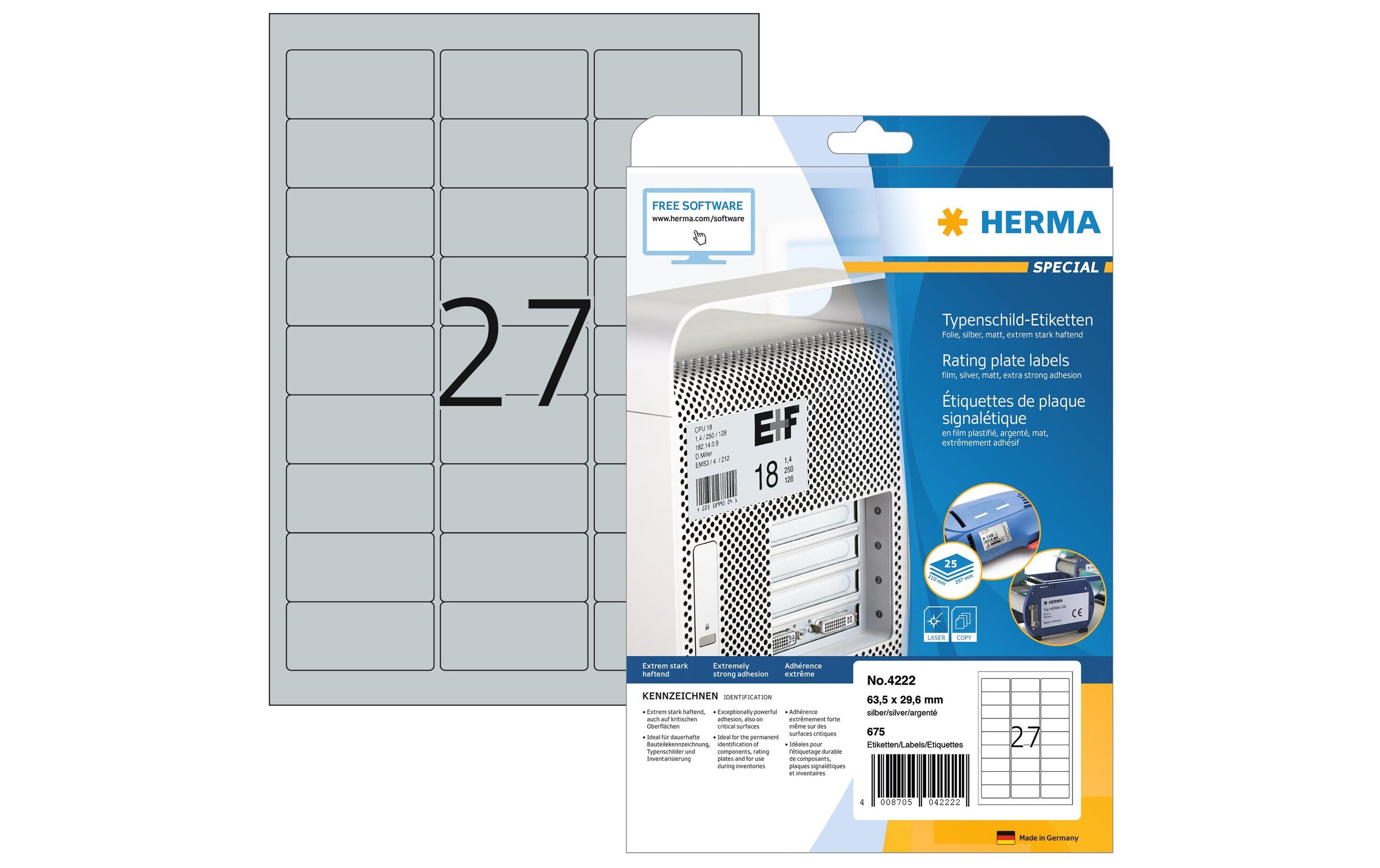 Typenschild-Etiketten 4222 63.5 x 29.6 mmTypenschild-Etiketten, silber und extrem stark haftend