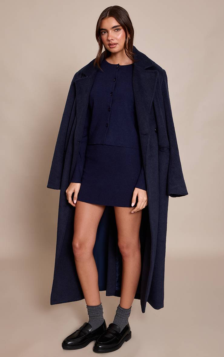 Bleu Marine Cardigan Sans Col En Maille Compacte