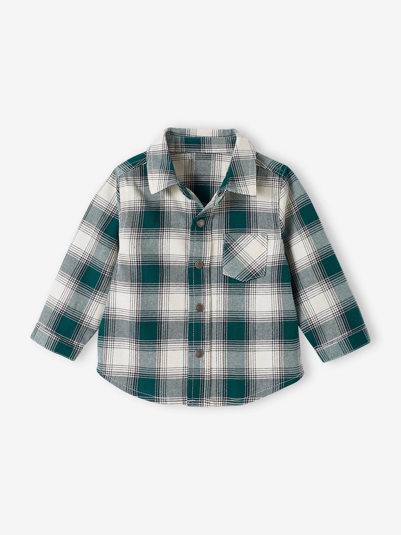 Camisa de flanela xadrez para bebê, xadrez verde