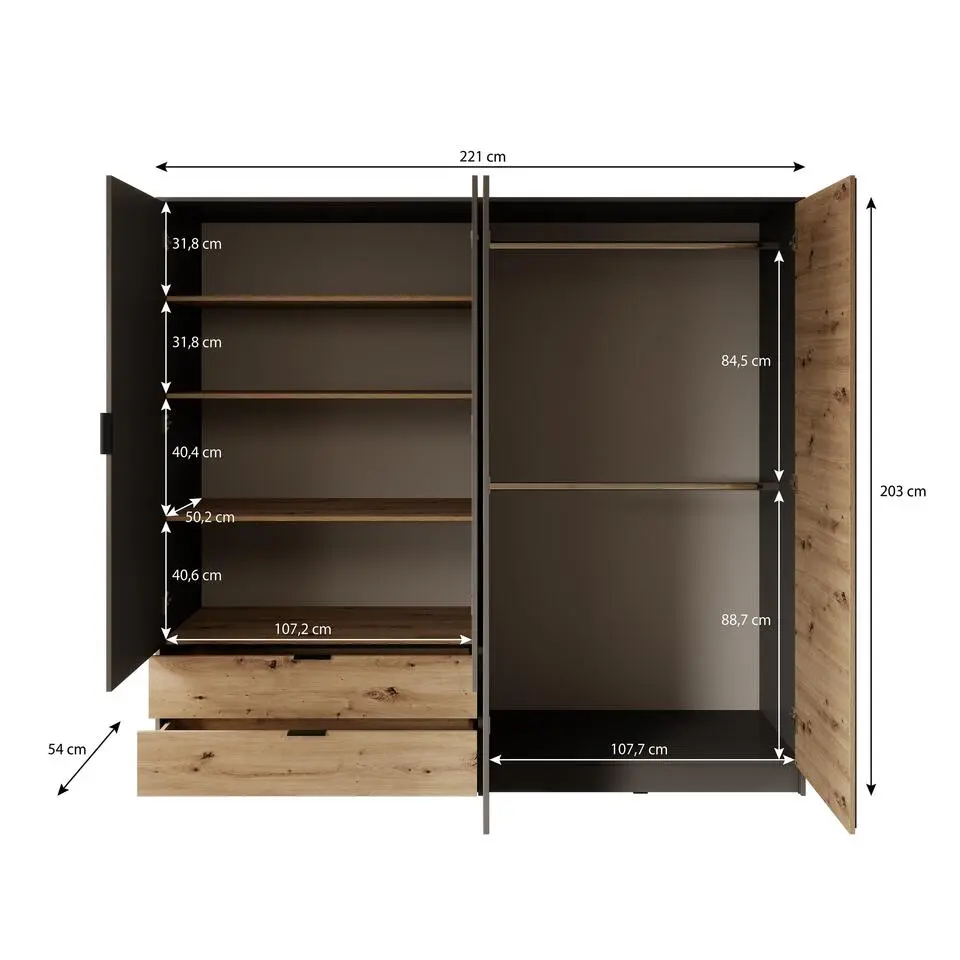 Meubella - Kledingkast Roma - Grijs - Eiken - 221 cm - Met spiegel