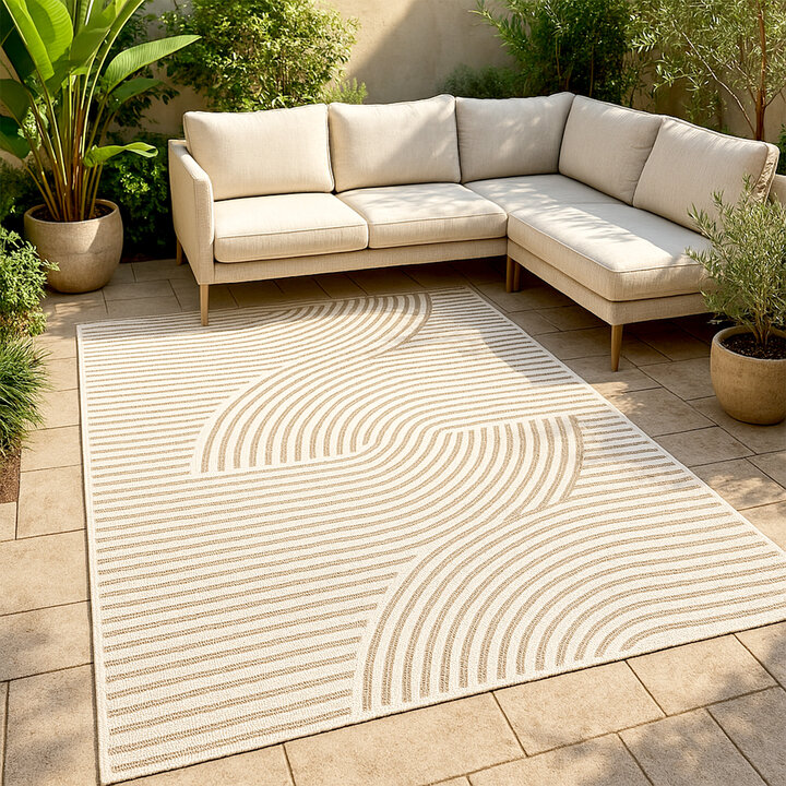 Modern binnen- en buitenkleed - Nori Curves Wit/Taupe