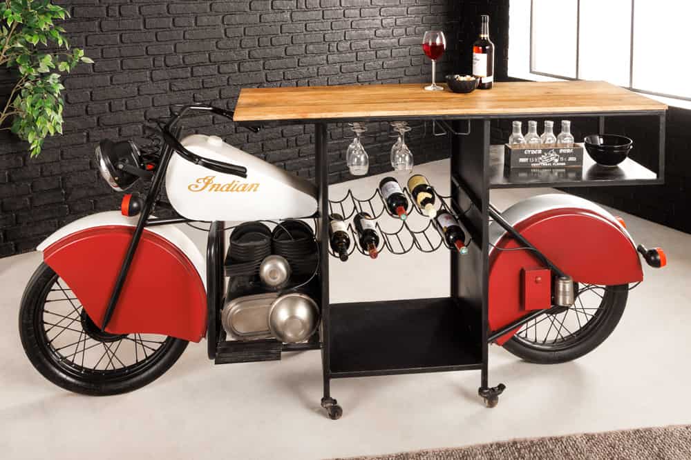 Design Bartisch EASY RIDER 230cm weiß rot schwarz Mangoholz Motorrad Upcycling
