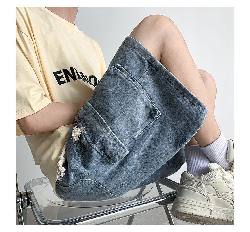 Femilina - Mid Rise Washed Denim Cargo Shorts