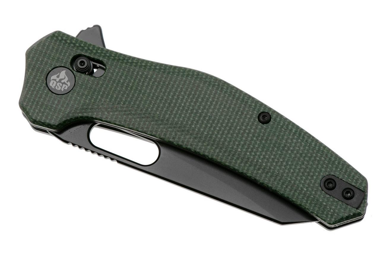 QSP Knife Emu 164-B2, Black 14C28N, Green Micarta, zakmes