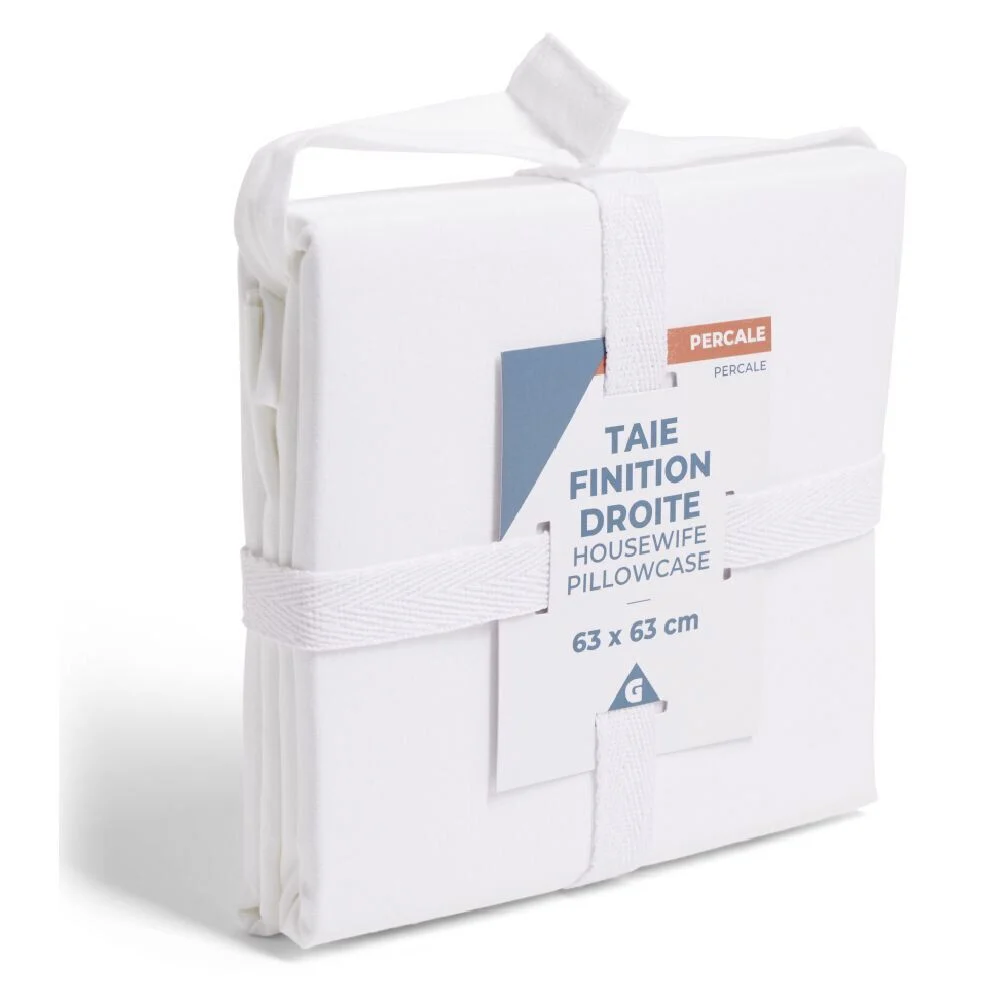 Taie d'oreiller 63x63cm 100% coton percale finition droite blanc