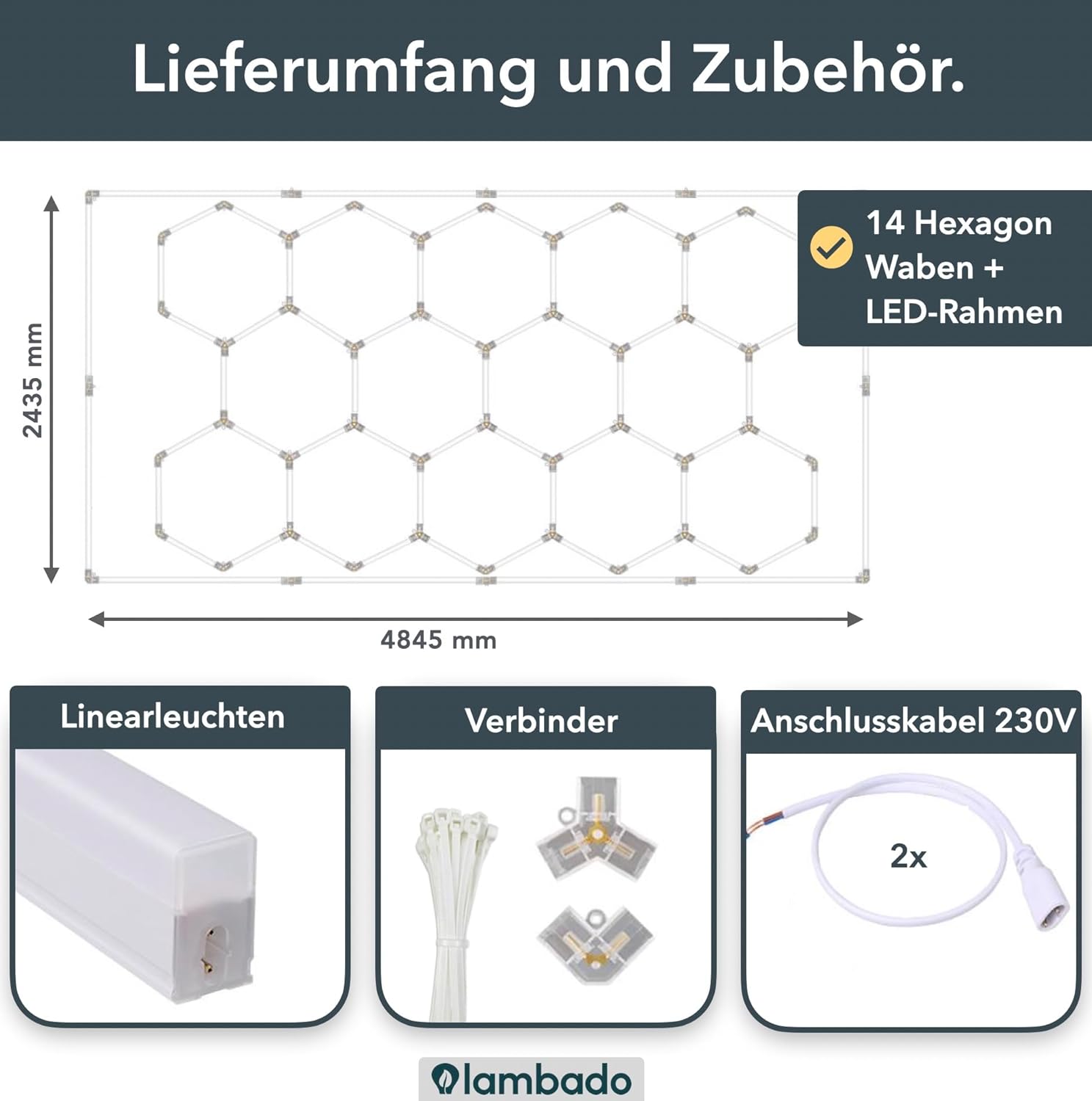 lambado® Hexagon LED Deckenleuchte | Garagenbeleuchtung LED Werkstattbeleuchtung | Fitnessstudio Barber Shop Salon Ausstellung | 14er Set inkl. Rahmen | Farbtemperatur 6500K Weiß