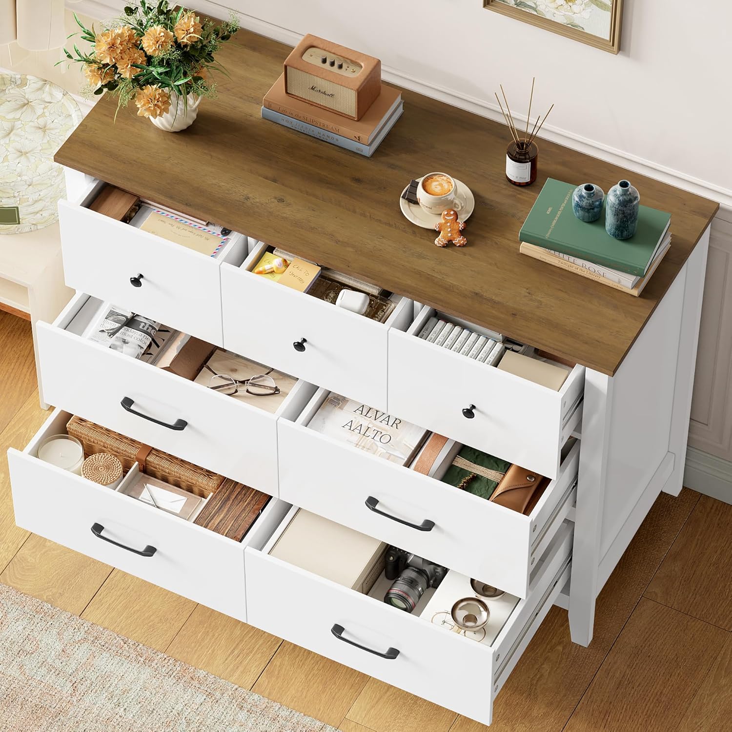 HOCSOK Kommode Weiß mit 7 Schubladen, Kommode mit Aus Holzplatte, Komodenschrank für Schlafzimmer Wohnzimmer Jugendzimmer Flur und Büro, 106x40x81 cm