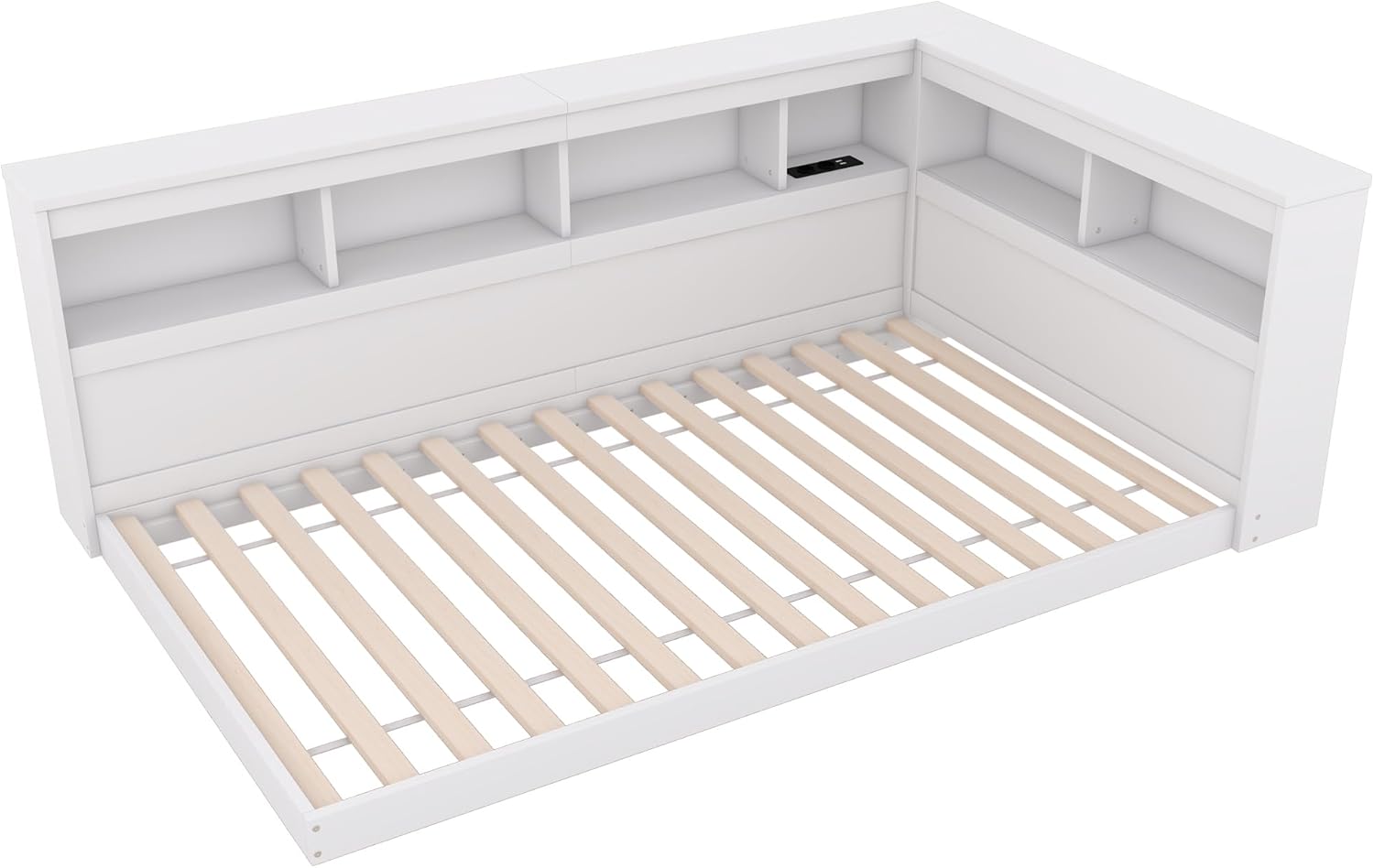 Daybett Einzelbett Bett 90x200 cm Kinderbett, Tagesbett Bodenbett mit Stauraum Regale & Ladebuchse, Holzbett Jugendbett Funktionsbett, Bettgestell mit Lattenrost, Ohne Matratze (Weiß)