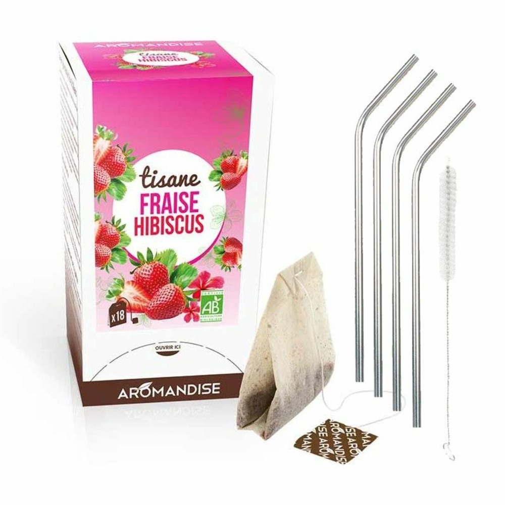 Tisane fraise et hibiscus bio 20 sachets + 4 pailles inox