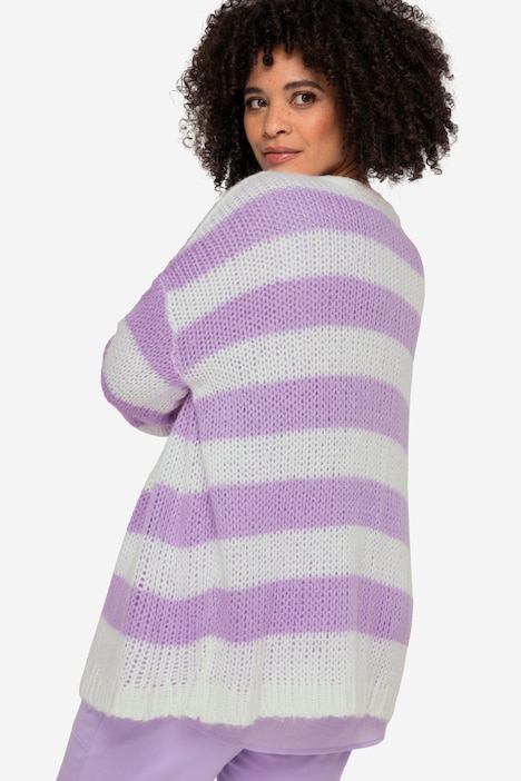 Strickjacke, oversized, Blockstreifen, offene Form, V-Ausschnitt, Langarm