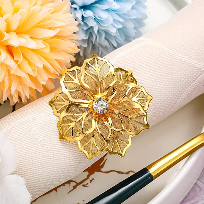 (12er Set) Ø4cm Metall Serviettenring Tischdeko Strass Blumen Tuchhalterung - Gold